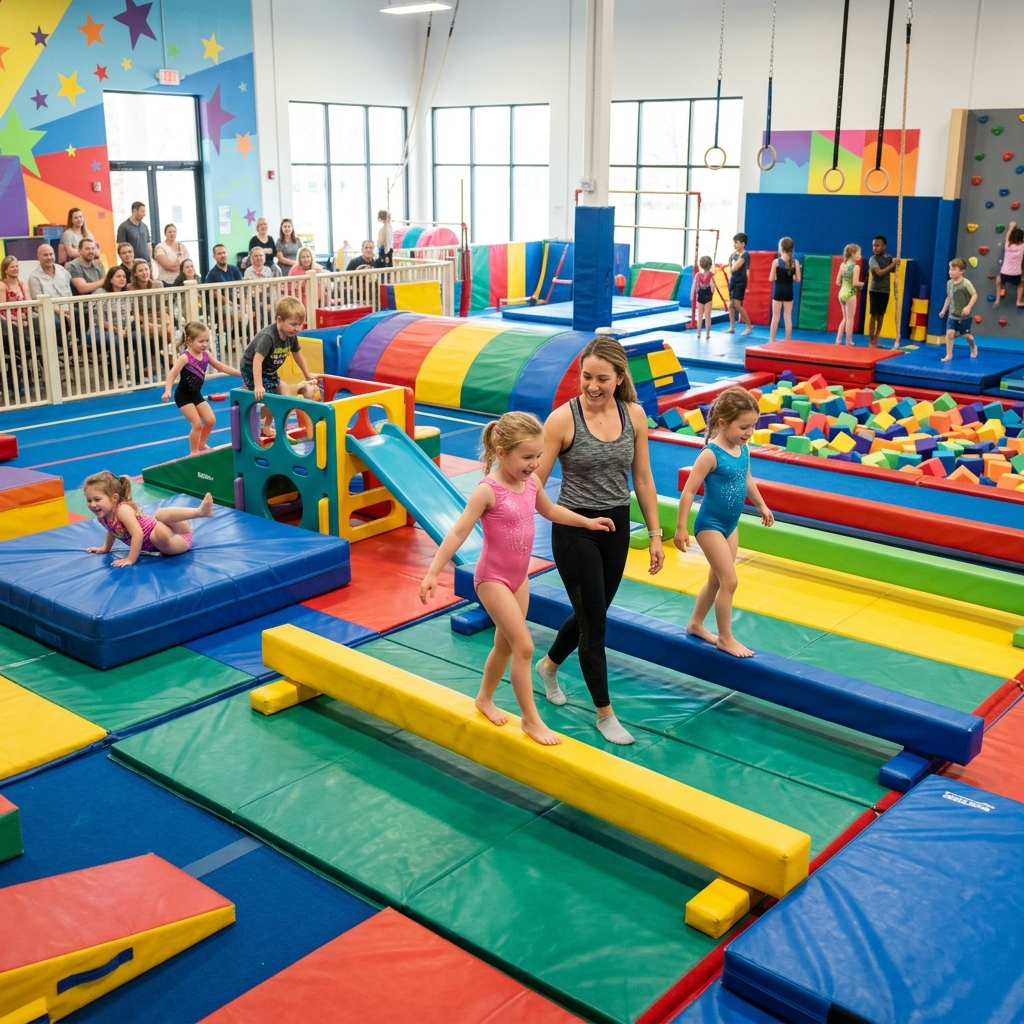 Children walking on a padded balance beam at The Little Gym