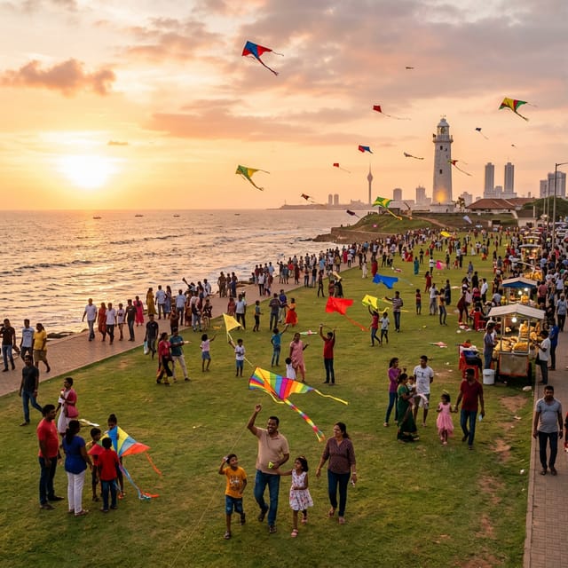 Galle Face Green sunset with kids flying kites